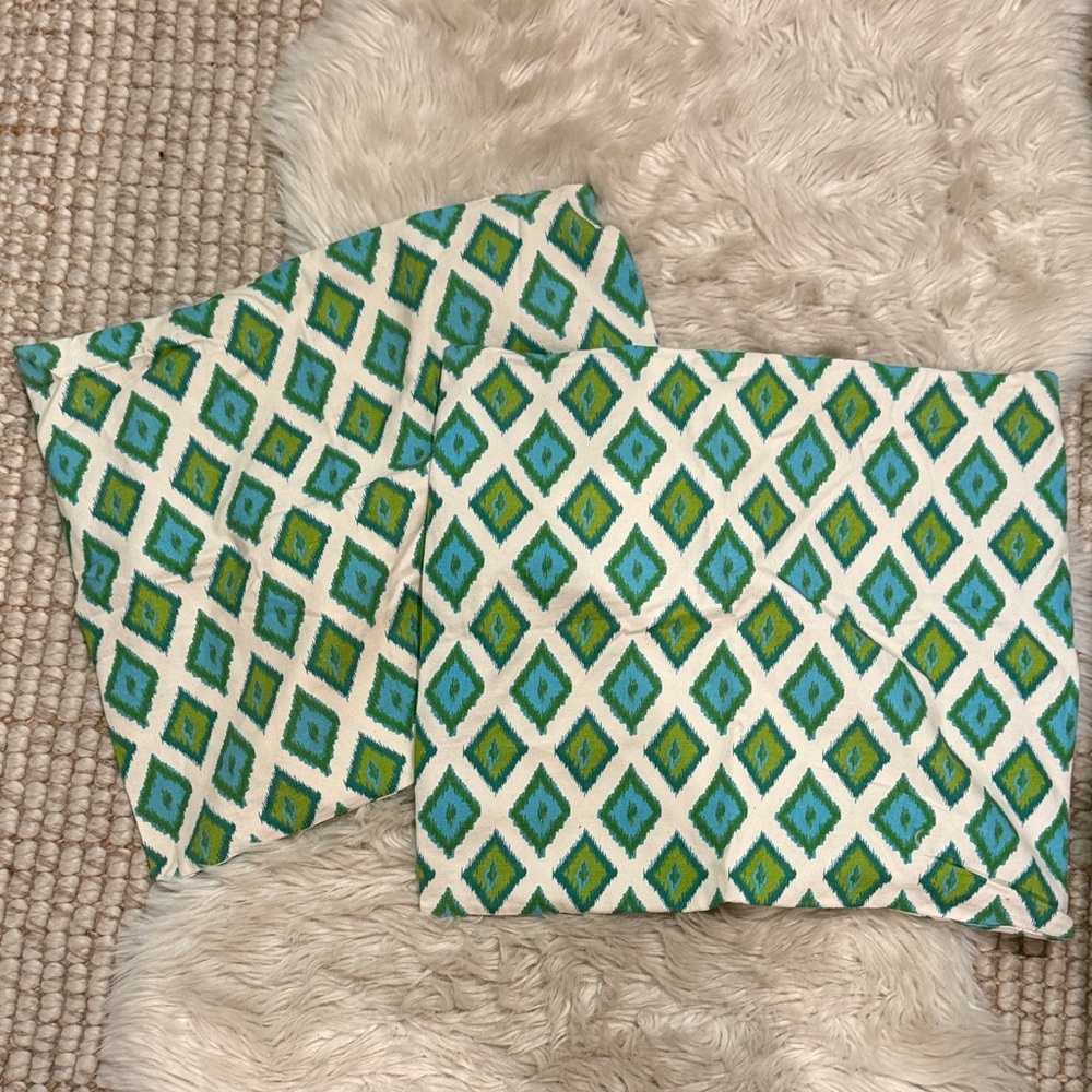 PAIR: Geometric Diamond IKAT Accent Pillow Covers in Blue and Green